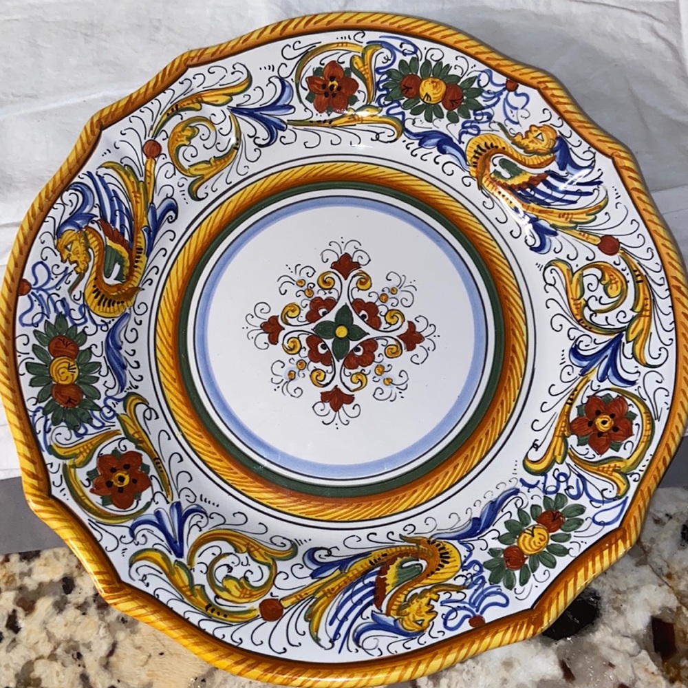 Vintage Deruta scalloped dragon pottery plate scodella bowl hand painted Italy